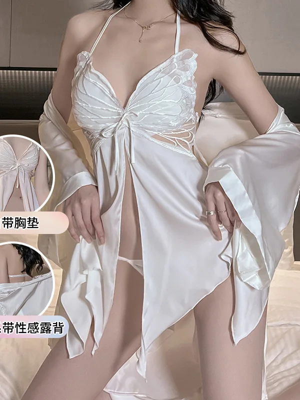 Spring and Summer New French Sexy Nightwear Hanging Neck Lace Nightwear Hollow Butterfly Hanging Strap Home dress elegant 2IGQ