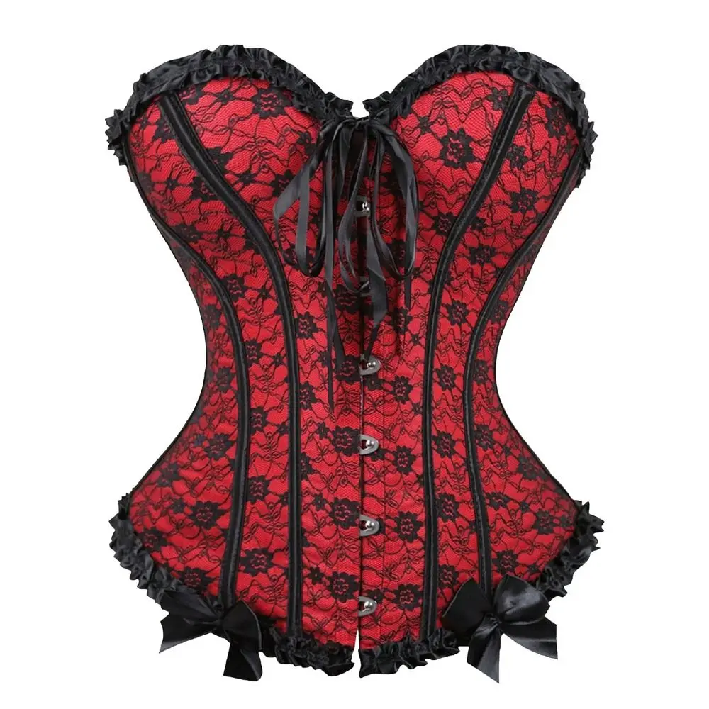 

Overbust Lace-Up Women Corset Lace Trim Flower Print Bustiers Top Gothic Victorian Style Boned Corset Lingerie