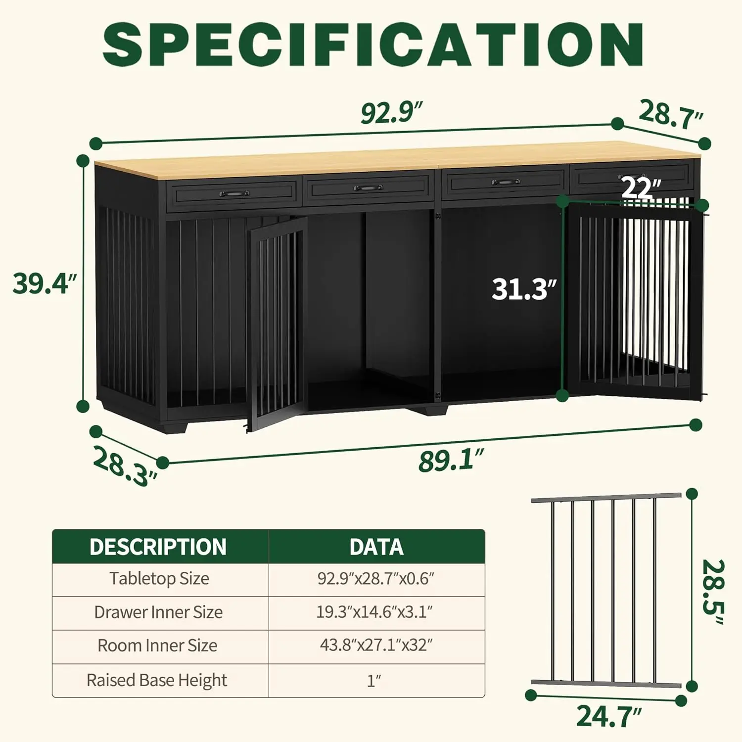 Extra Large Dog Crate Furniture, 93 Inch Heavy Duty Wooden Dog Kennel with Drawers & Removable Divider, Dog House, Black