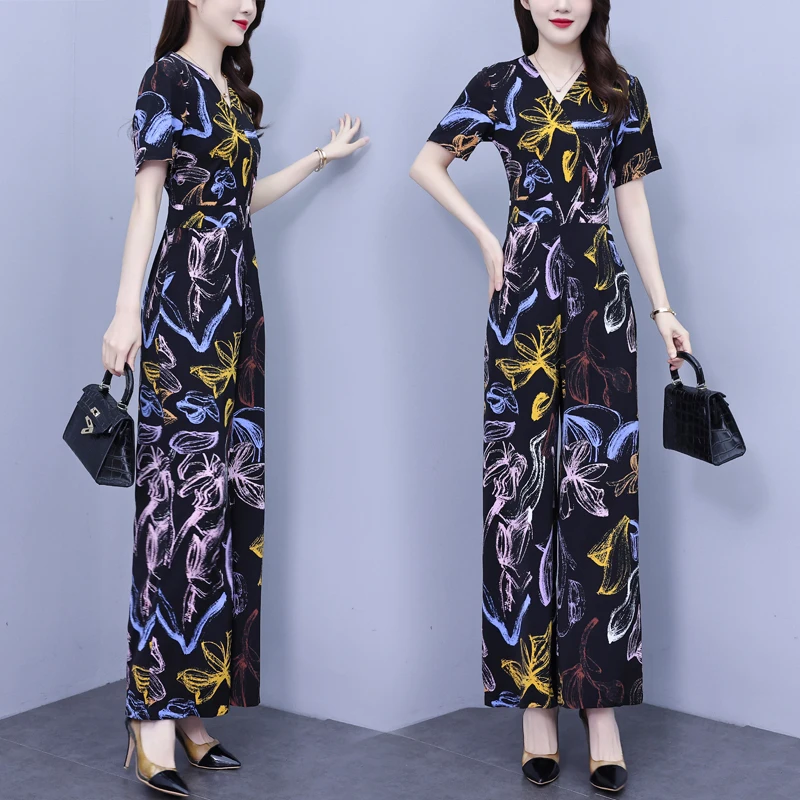 

Модный женский летний комбинезон с V-образным вырезом и широкими штанинами, новинка 2025 года, высококачественный цельный комплект для офиса и повседневной носки