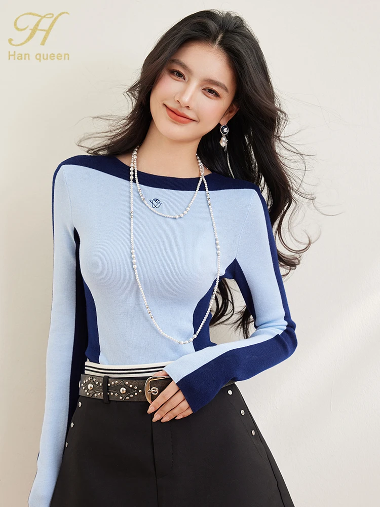 H Han Queen 2025 Spring knitted Pullover Sweaters Casual Splicing Blue Round neck Elastic Slim Basic Long Sleeve Tops