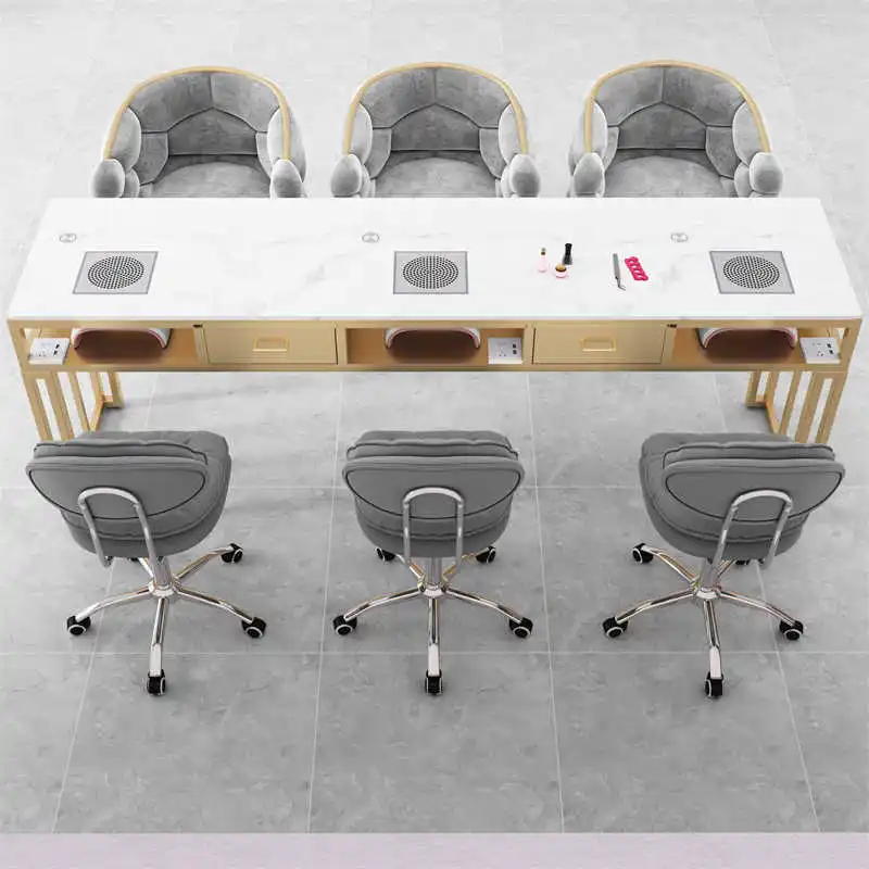 Set with Vacuum Cleaner Multi-User Combination Luxury Marble Manicure Table  for Nail Salon Made of Durable Metal