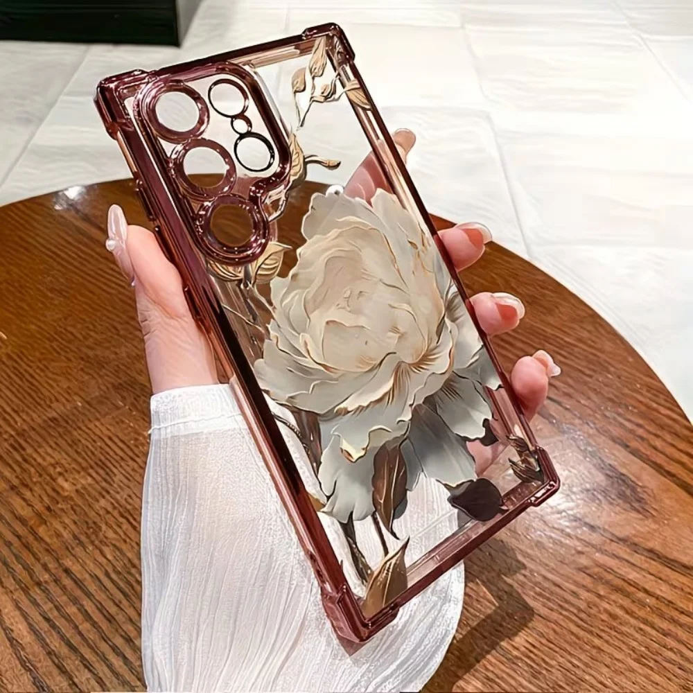 White Rose Plating Four Corner Phone Case For Samsung Galaxy S26 S25 S24 S23 S22 S21 Ultra Plus Edge FE 5G Camera Protect Cover