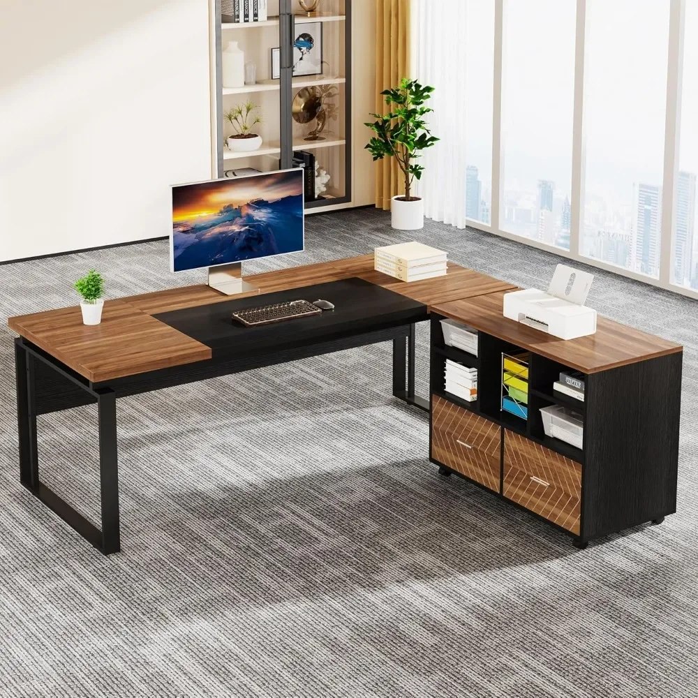 

L-Shaped Executive Desk with Reversible File Cabinet, 63" Office Desk with Storage Drawers, L-Shaped Computer Desk with Drawer