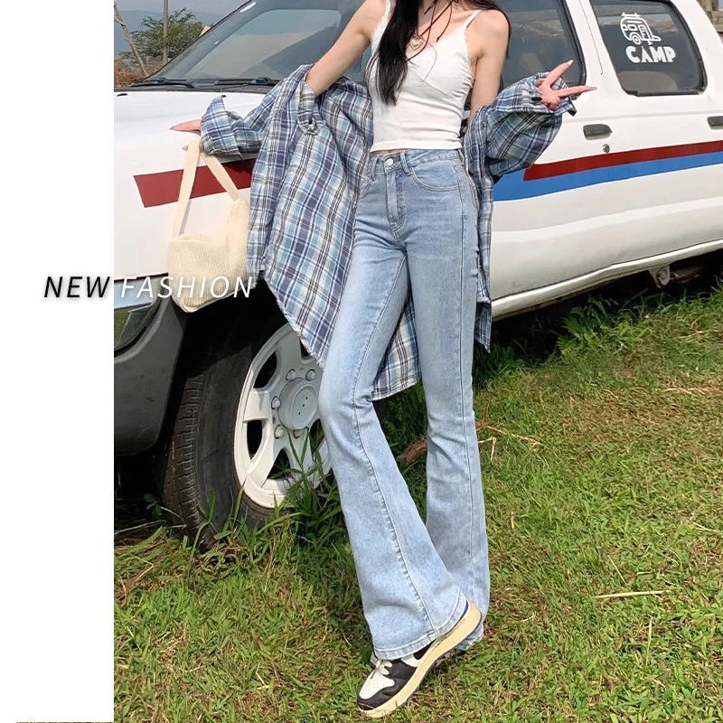 Light blue high-waisted micro-large jeans female spring new high-waisted elastic Slim thin versatile horseshoe flare pants