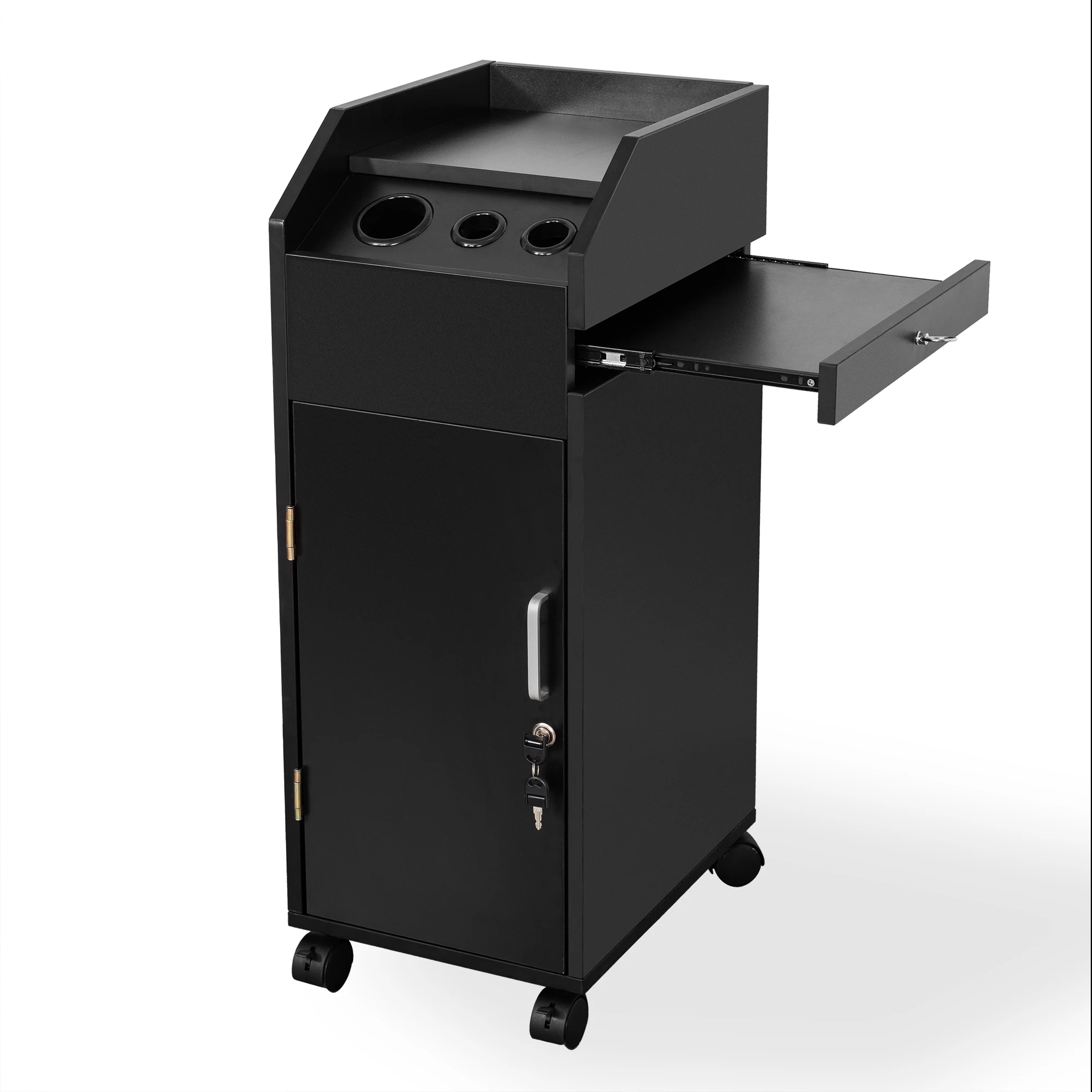 

Wholesale Cheap Furniture Lockable Black Barber Trolley with Wheels Beauty Hair Salon Trolley Cart