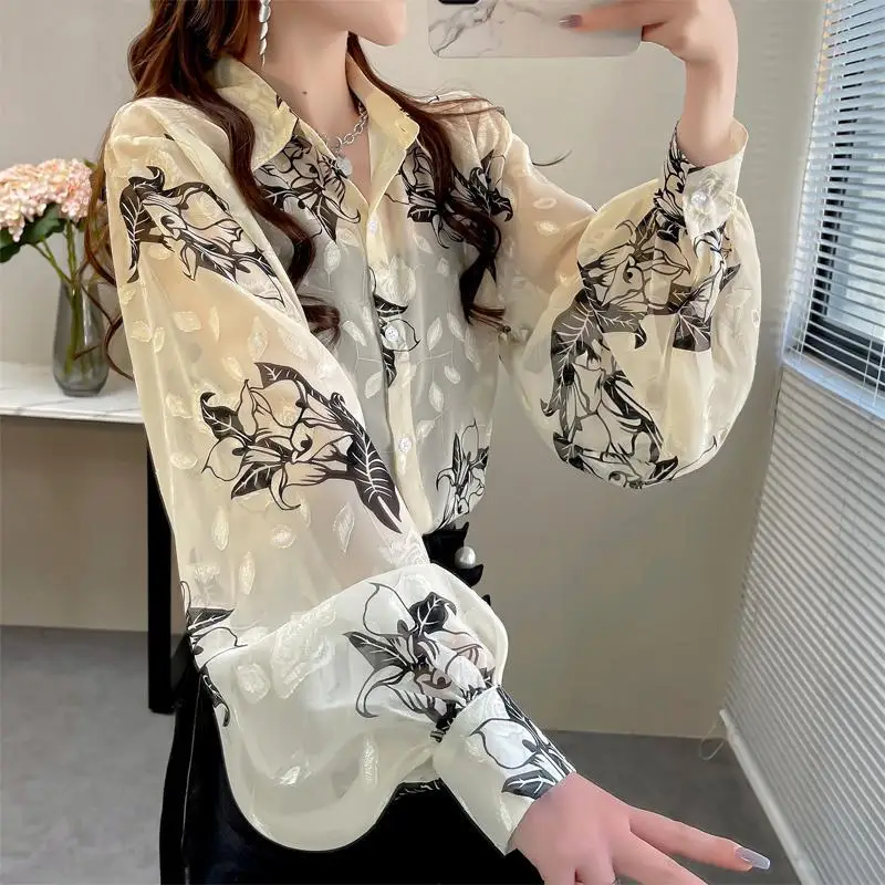 2024 Spring Summer Women Trendy Print Embroidery Chic Button Up Shirt Casual Lantern Long Sleeve Thin Chiffon Blouse Loose Tops