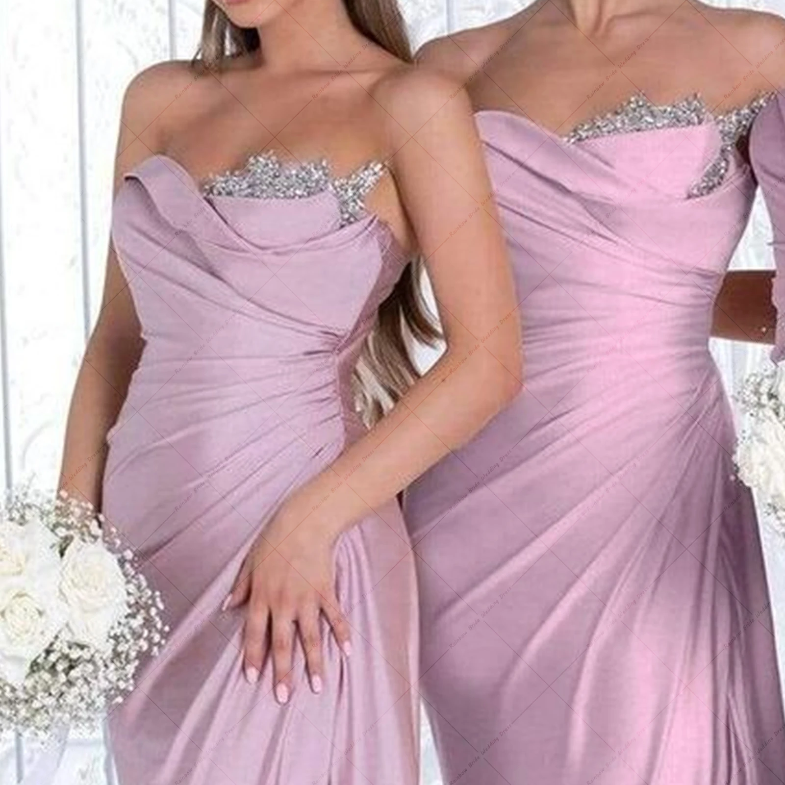 Sexy Sheath Strapless Wedding Party Gown Sleeveless High Side Slit Maid Of Honor Dresses With Crystal Bridesmaids Dress Train