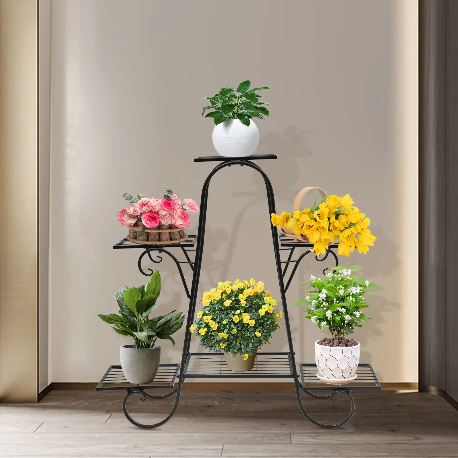 حامل نباتات مربع من الحديد على الطراز الشمالي الحديث، رف طلاء الخبز الأسود مكون من 6 طبقات، حامل لديكور النباتات، أقصى حمولة 10 كجم لكل طبقة #2