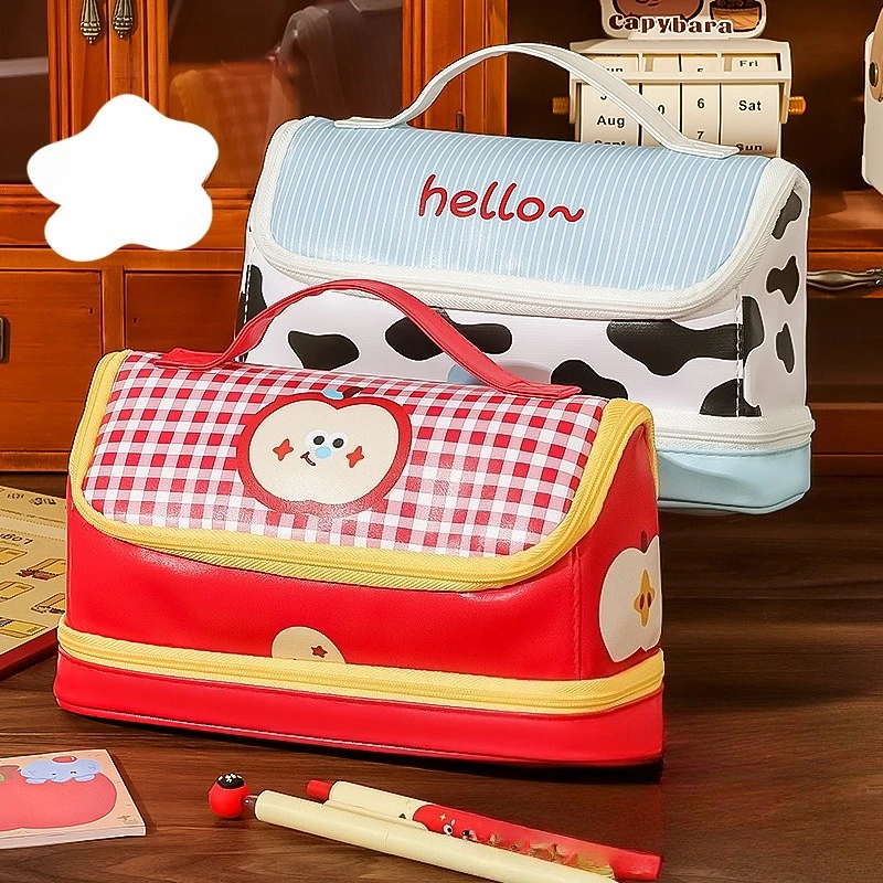 Cartoon Apple Red Grid Handheld Pen Bag Multi Layer Large Capacity Children's Stationery Bag Cute Student Storage Pen Box