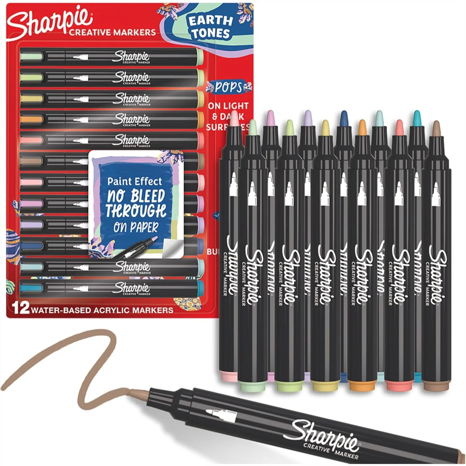 

Earth Tone Acrylic Markers for Art and Craft, 12 Pack Bullet Tip, Water-Based Paint on Paper, Metal, Wood, Ceramic, Glass, Rock