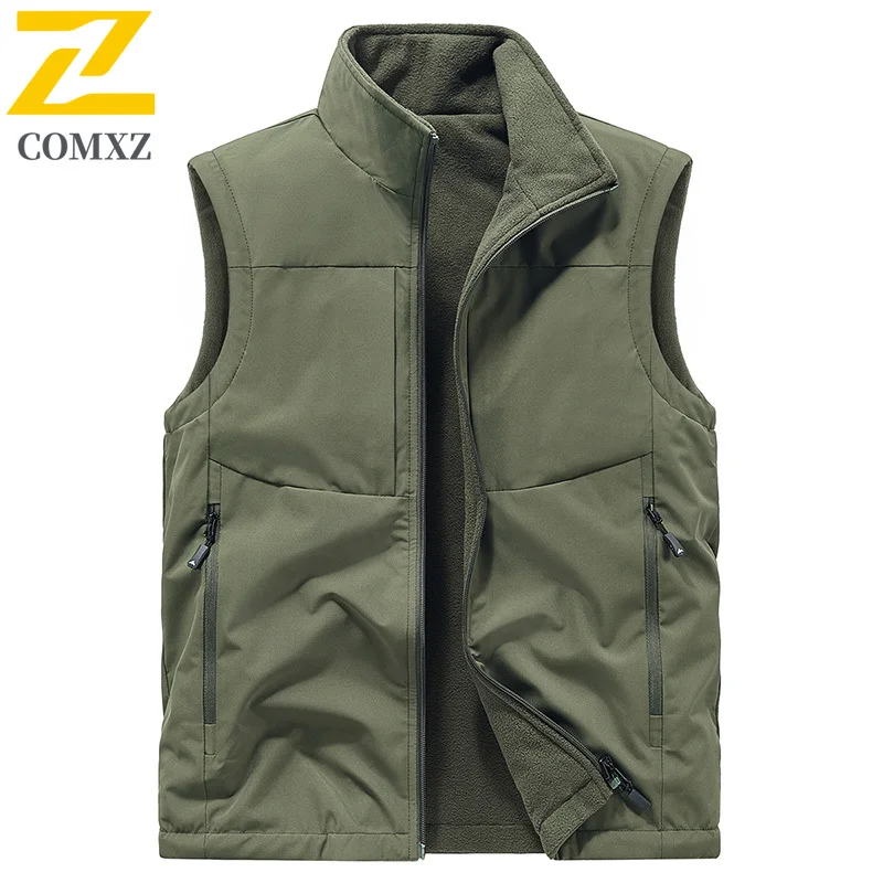 Autumn Outdoor Fishing Vest Men's 2025 New Fleece Warm Multi-pocket Sleeveless Vests Coat Male Hunting Running Sports Waistcoat