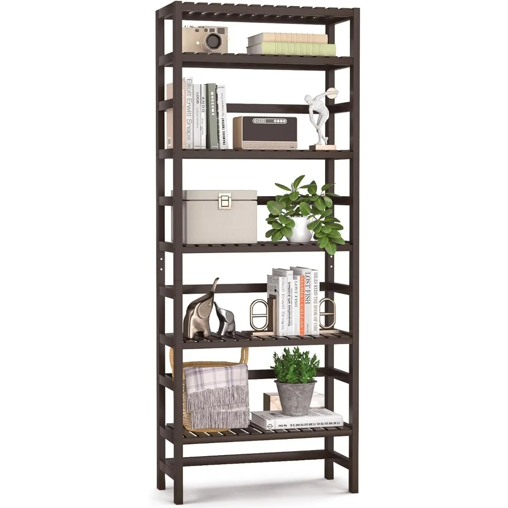 

6-Tier Adjustable 63.4” Tall Bookcase Book Shelf Organizer Free Standing Storage Shelving Unit for Living Room Bamboo Bookshelf