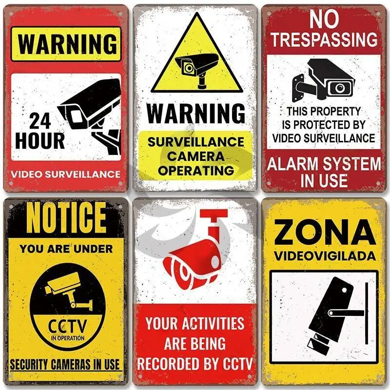 Warning CCTV Tin Signs Metal Plaque Notice 24 Hour Security Camera Vintage Poster Metal Plate Wall Decor for Mall Shop Bar