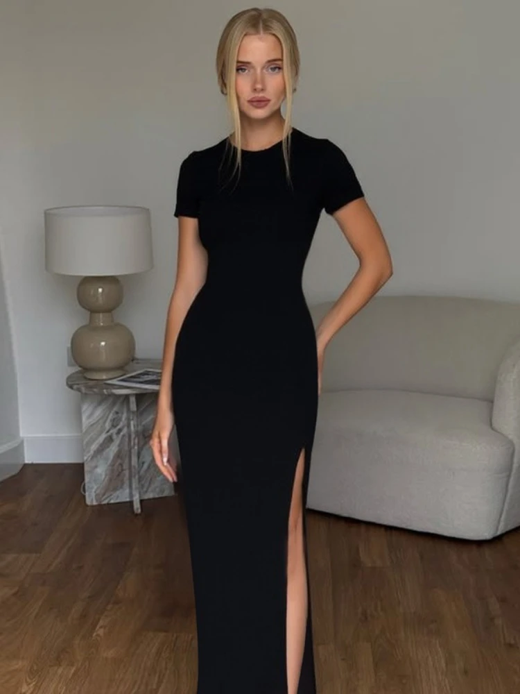 FDYOUI แฟชั่นแขนสั้นเสื้อยืดสีดําชุดผู้หญิง 2025 ฤดูร้อนแยก Bodycon ชุดยาว Office Lady ชุดวันหยุด