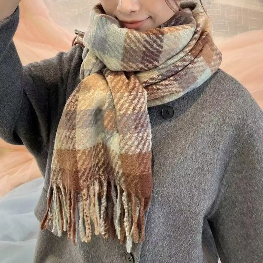 

Classic Mohair Plaid Wool Scarf Tassel Winter Cashmere Scarves Warm Solid Color Long Shawl Girl