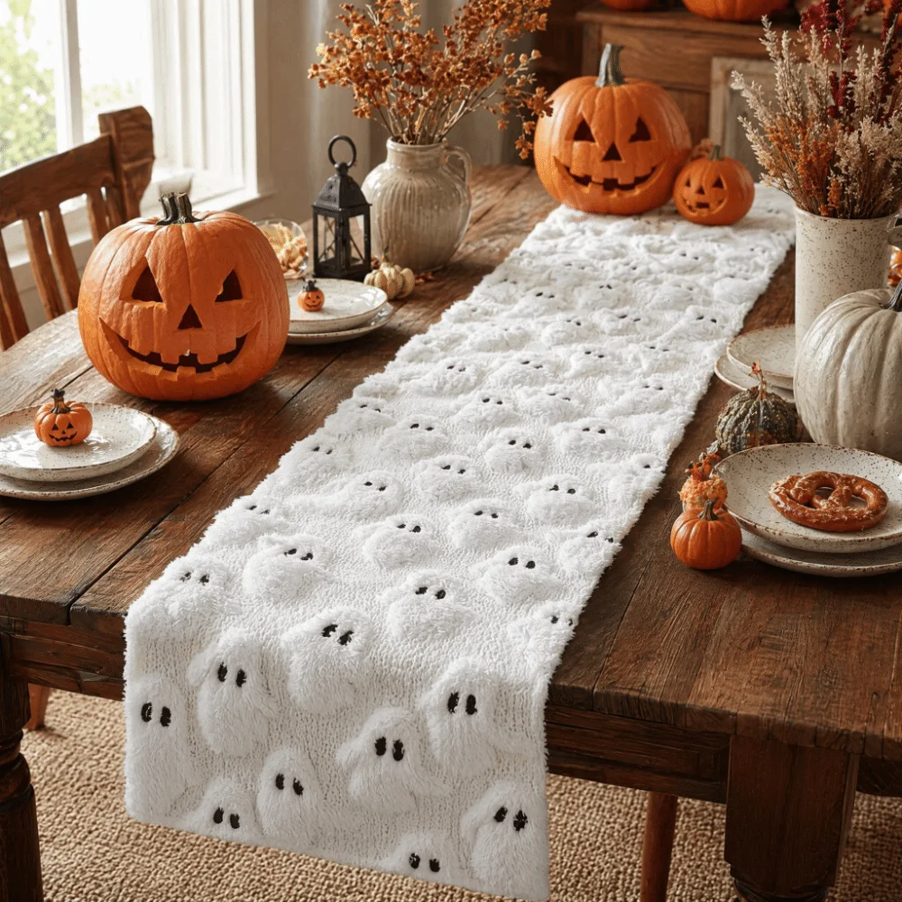 Comfortable Ghost Table Cover Soft Texture Long Halloween Table Runner Rectangular Creative 3D Tufting Dining Tablecloth
