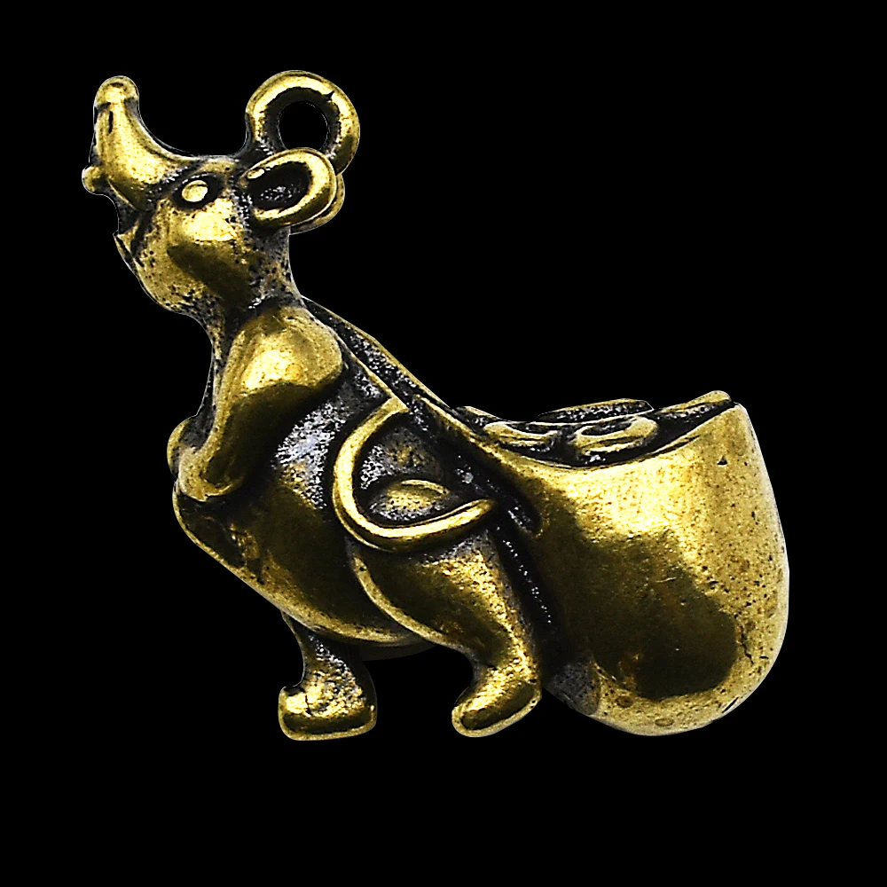 Vintage Brass Zodiac Rat Figurine Money Bag Mouse Pendant Lucky Wealth Feng Shui Charm Keychain Collectible Gift