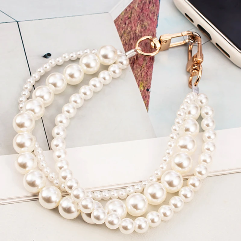 Universal Phone Pearl Pendant Wrist Strap with Hanging Tether Tabs Cellphone Hands-Free Charm Chain for Keychain Wallet Camera