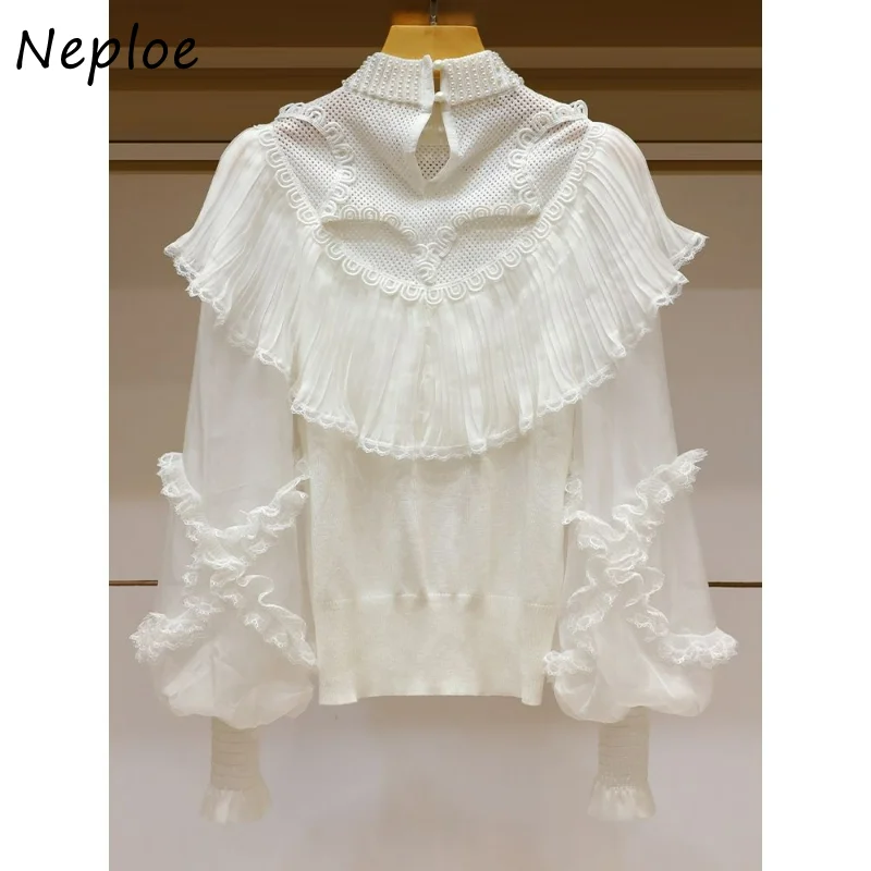 Neploe Autumn Winter Vintage Jersey Mujer Sweater Y2k O Neck Beading Mesh Pull Femme Solid Color Puff Sleeve Ruffles Jumpers