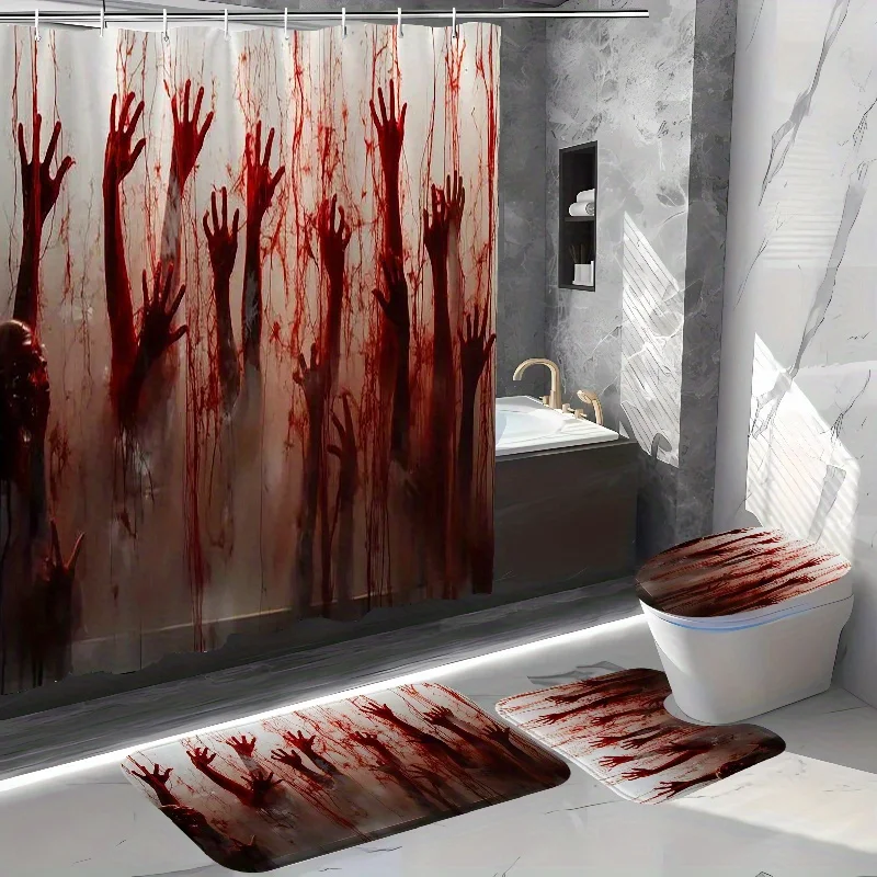 Spooky Halloween Set: Includes 1/4 Pcs Blood-Handprint Shower Curtain, Non-Slip Mat, U-Shaped Bath Rug, and Toilet Sea