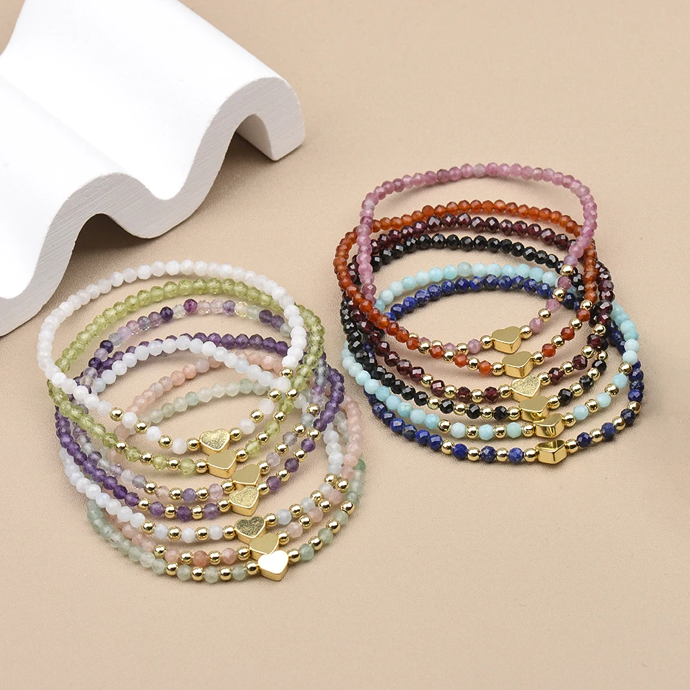 3MM Natural Stone Sunstone Lapis Garnet Moonstone Amethyst Hematite Heat Brass Beads Stretchable Bracelets For Lady Gift
