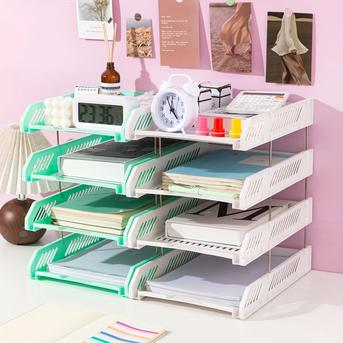 

Modern 4-Tier Desk Organizer - Durable PP Plastic Multi-Layer File Rack，Space-Saving for Office Documents, Books, Supplies