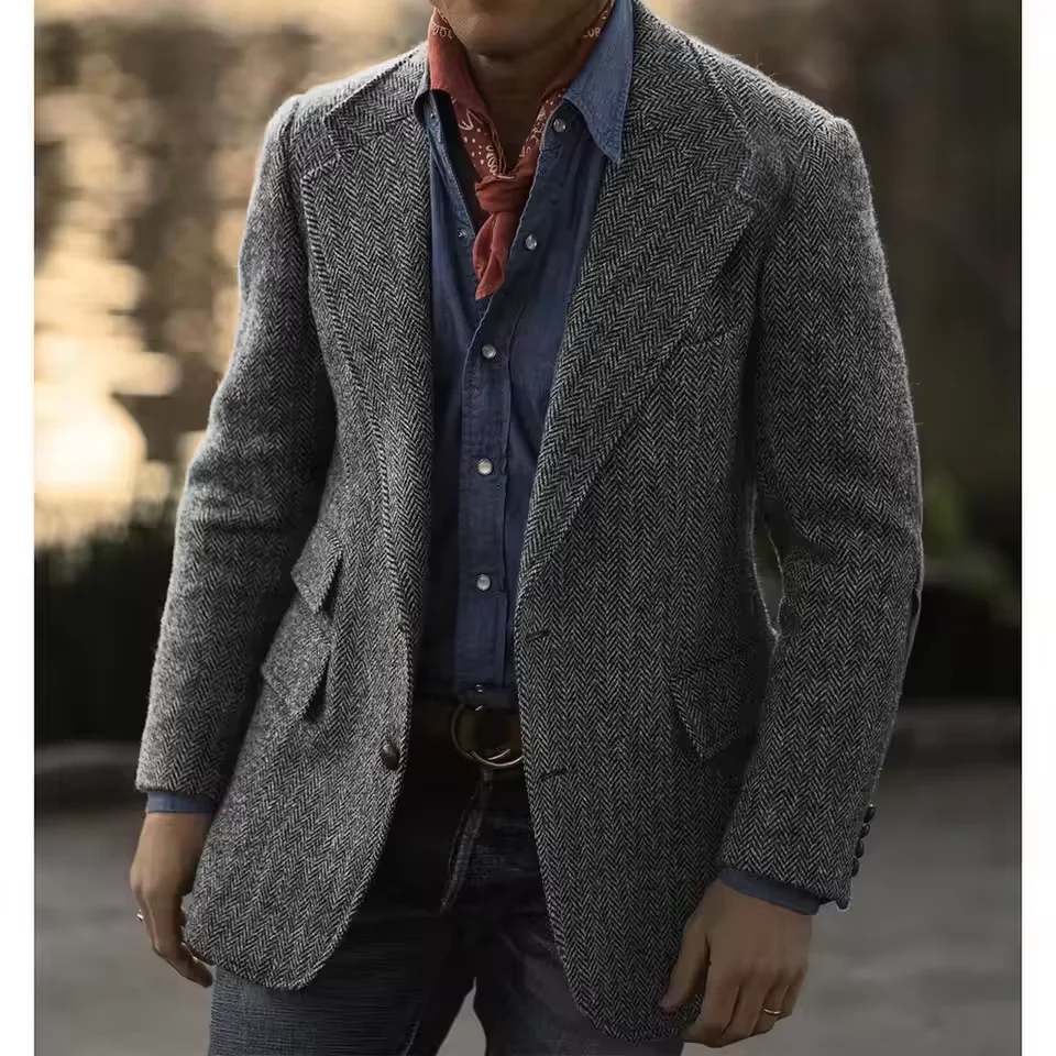 British Style Men's Herringbone Blazer Pants Fashion Vintage Business Suits Jacket Trousers Autumn Winter Thicken Casual Coats