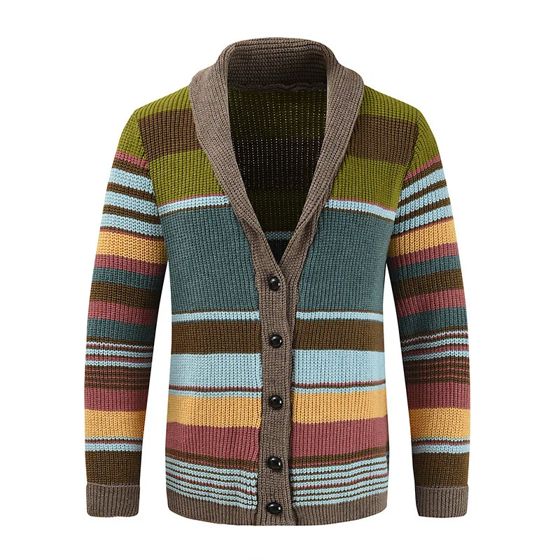 Men Shawl Collar Knit Cardigan Autumn Winter Color Block Striped Sweater Jacket Vintage Button Down Casual Loose Outerwear For M