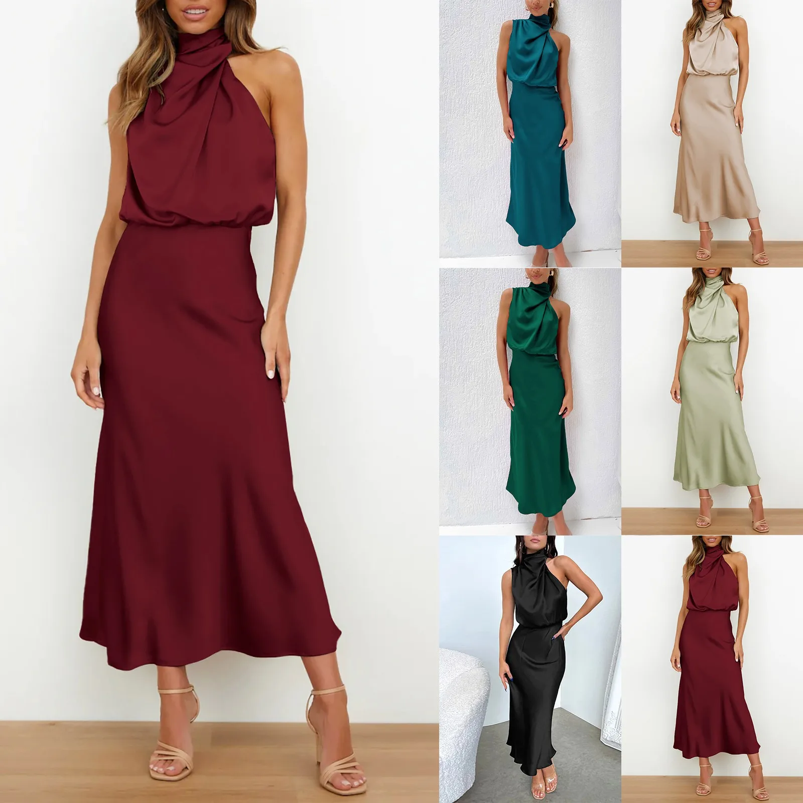 Elegante vestido de cetim formal feminino, Pescoço simulado, Fenda Lateral, Flowy Maxi Tank, Vestidos de Festa Feminina, Vestido Midi Feminino