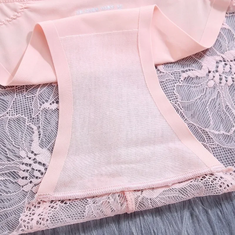 Women\'s Sexy Lace Panties Mid Waist Ice Silk Underwear Plus Size Transparent Seamless Briefs Hollow Out Mesh Panty Lingerie S-XL
