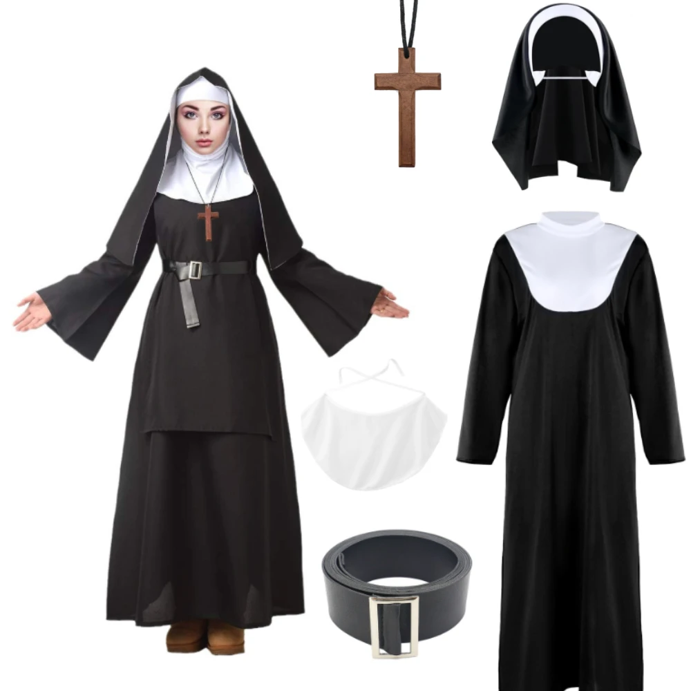Halloween  Women's Nun Costume Traditional Adult Sister Black Robe Cosplay Costume Priest Role Nun Costume Cosplay Events