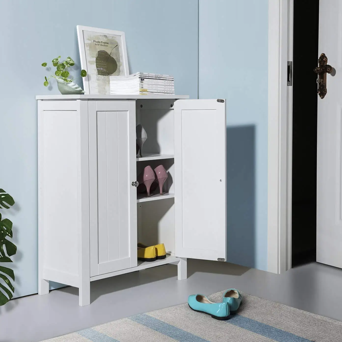 

Bathroom Floor Storage Cabinet with Double Door Adjustable 3 Shelves Cabinet