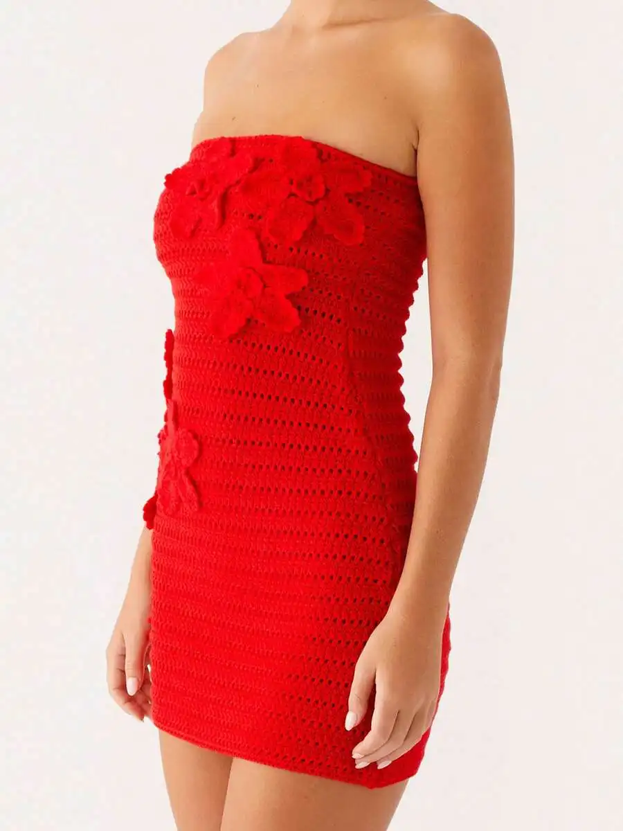

Knit Tube Top Mini Dress Women Summer Floral Backless Strapless Sleeveless Bodycon Short Dress