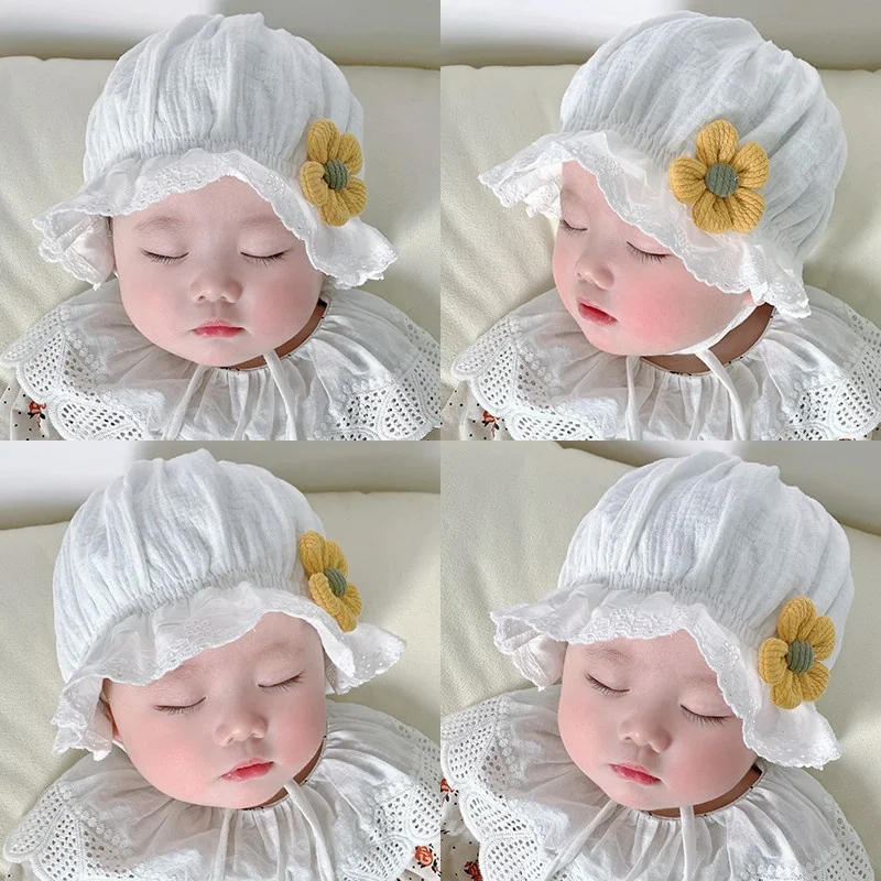 Lace Embroidery Baby Girl Bonnet Hat Summer Breathable Mesh Kids Cap for Newborn Infant Princess Adjustable Beanie Hats 아기모자