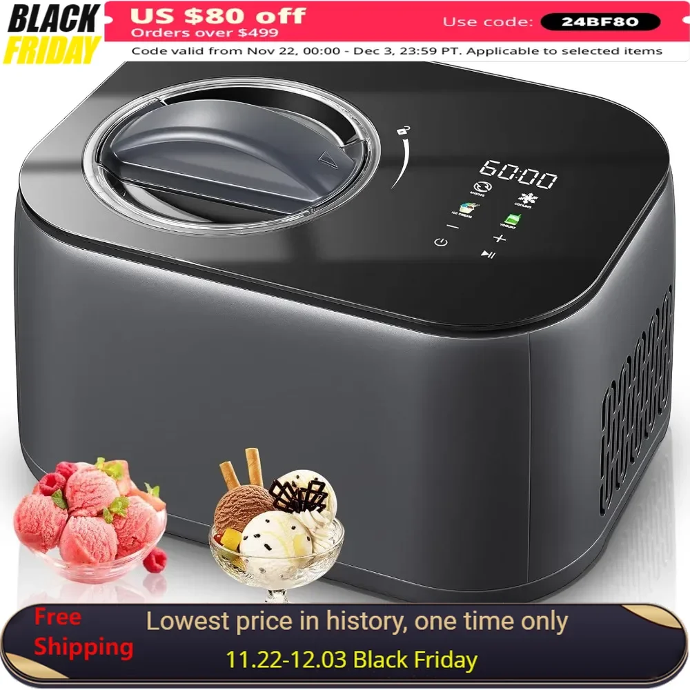 Ice Cream Machine, 1.2Qt Automatic Built-in Compressor,4 Modes Keep Cool and  LCD Display & Timer, Ice Cream Maker