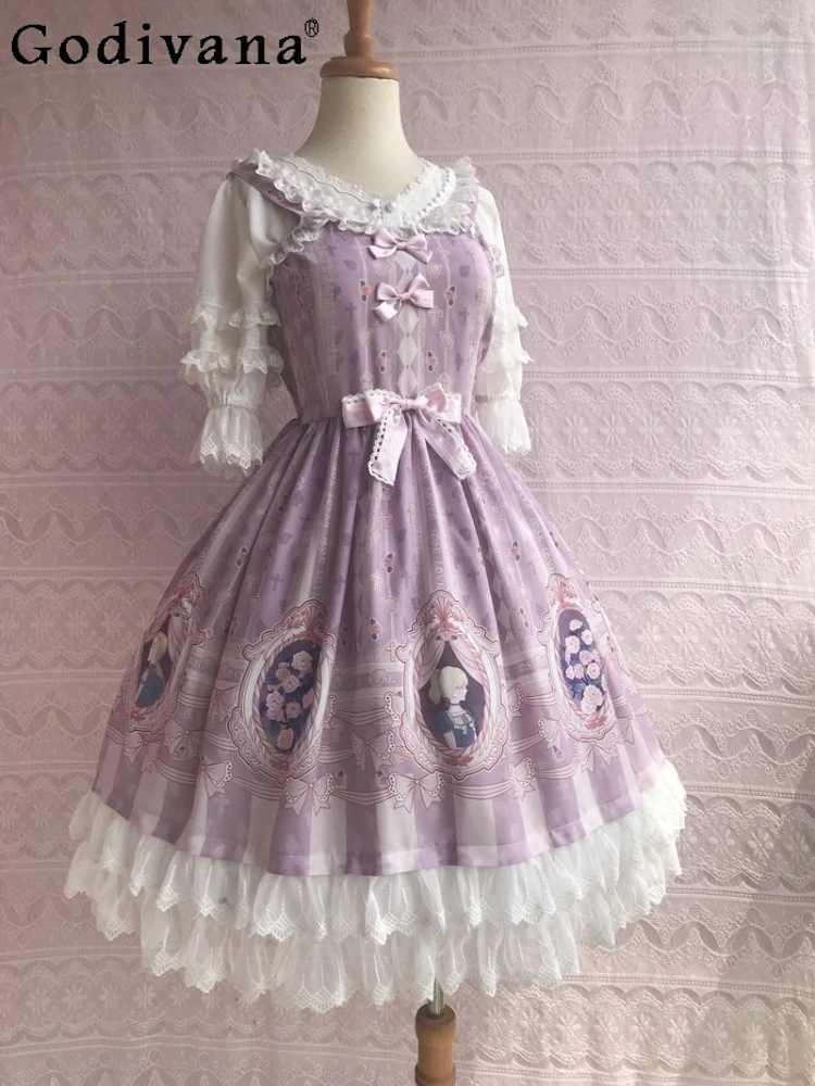

XS-3XL Summer New Design Daily Lolita Dress High Waist Bow Square Neck Lace Splicing Ruffles A-line Fairy Temperament Dresses