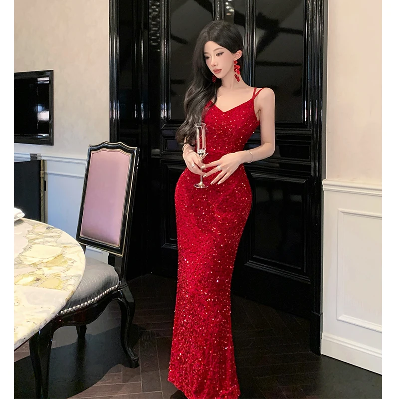 

Summer Holiday Birthday Party Robe Long Dress Women Fashion Sleeveless Spaghetti Strap Backless Evening Sequins Ladies Dresses