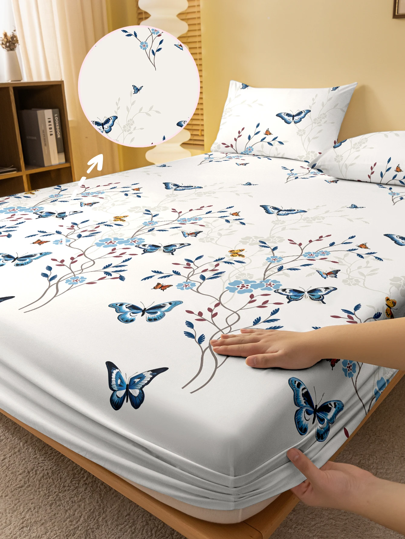 

1 Simple modern Plant Flower butterfly printed matte Fitted Sheet, bedroom printed bed cover, bedding (excluding pillowcases)