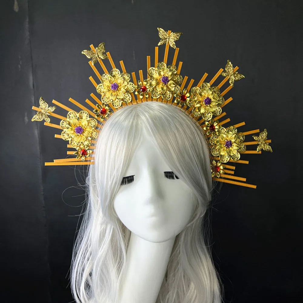 Star Halo Crown Headpiece Goddess Gold Spikes Sunburst Crown Flower Celestial Crown Angel Halo Headband Lolita Gothic Headdress