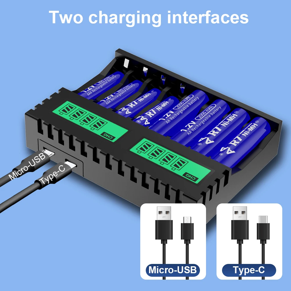 R7 4pcs AA and 4pcs AAA Rechargeable Battery 1.2V nimh AA Battery 2000mAh AAA Batteries 800mAh + 8 Slots Smart Battery Charger