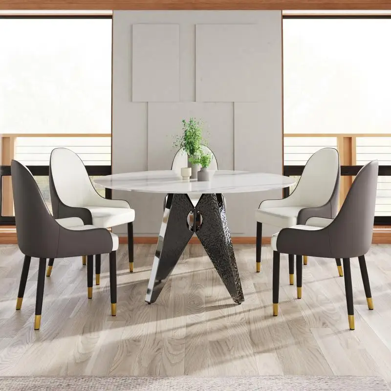 

53" Round Marble Dining Table with Silver Stainless Steel Base, Artificial Marble for 6 People, Perfect for Dining Room, Living