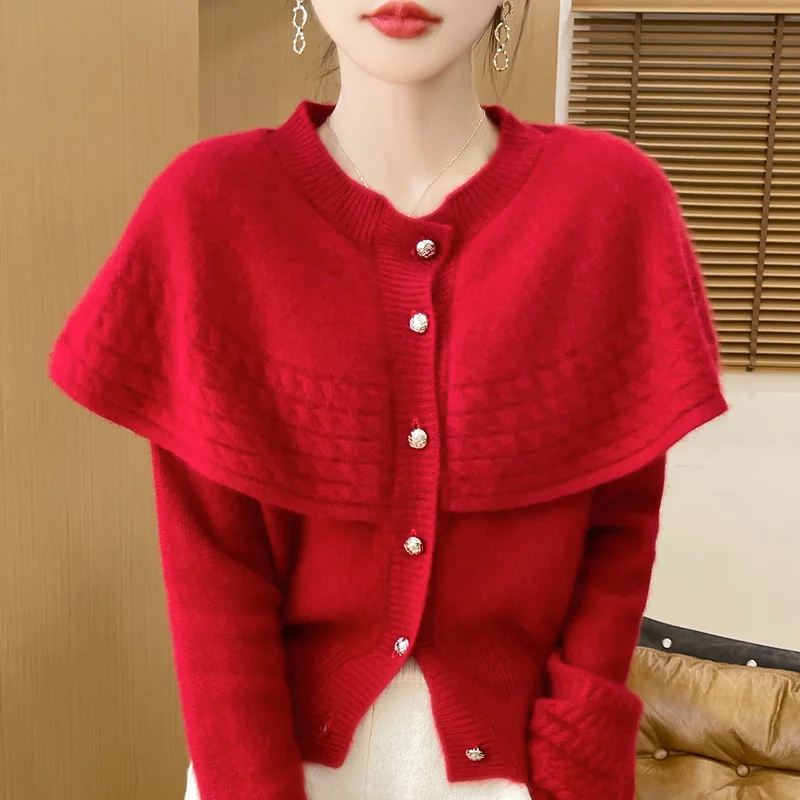 Cape en laine mérinos 100%, élégante, couleur unie, tricotée, manches longues, Cardigan en cachemire, tempérament, vêtements doux et chauds, haut