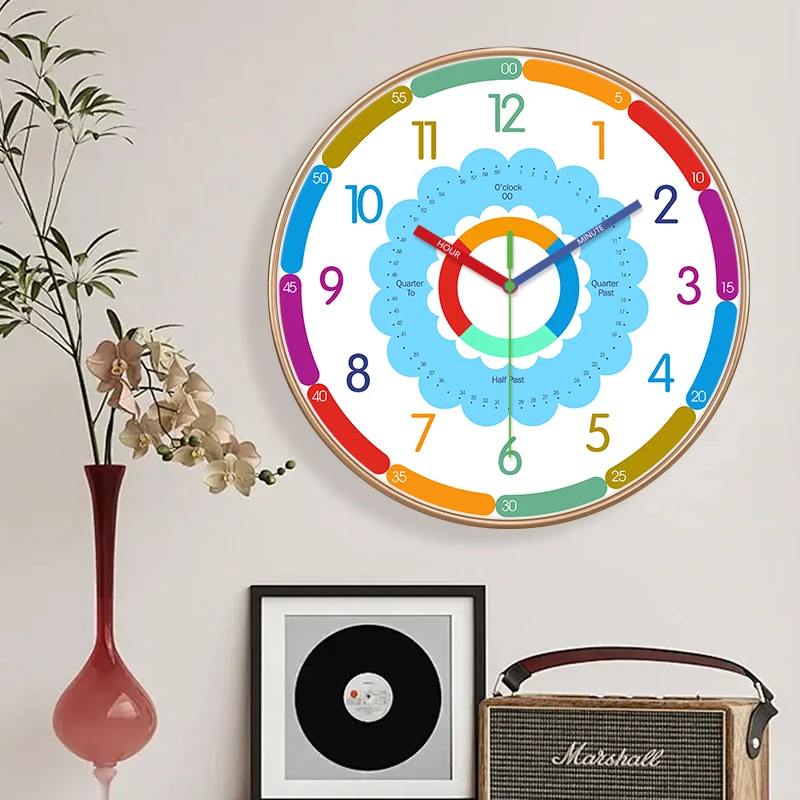 Colorful Wall Clock Educational Time Teaching Minute Marker Silent Quartz Analog Clock for Classroom Bedroom Playroom Home Decor
