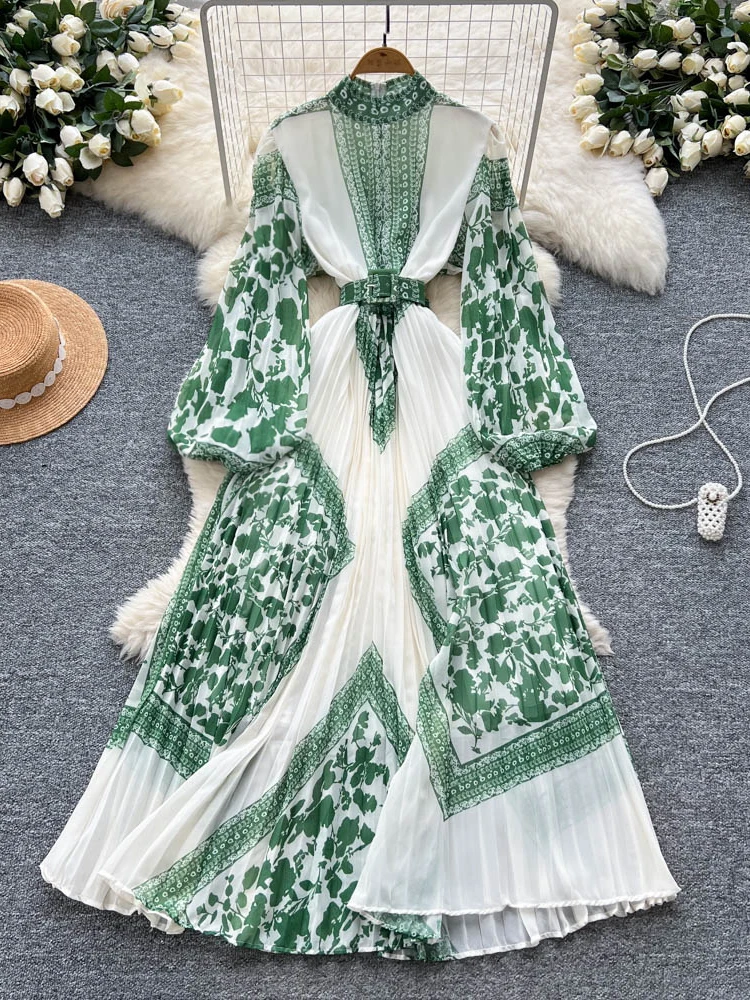 Ele imprimé longue Dr femmes taille haute lanterne Sve noeud taille conception coréenne Sle trajet a-ligne jupe