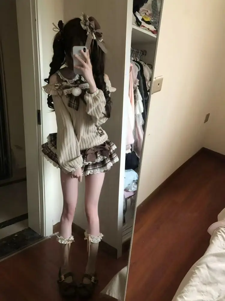 Sweet Kawaii Lolita 2 Piece Set Women Khaki Bow Lace Plaid Ruffle Hem Puff Sleeve Slim Fit Crop Top Mini Skirt Casual Outfit