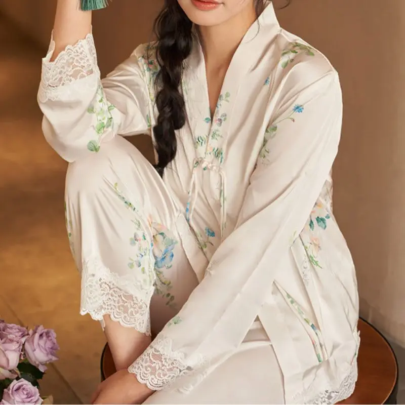 Chinese National Style Two Pieces Ice Silk Pajamas for Women Spring Autumn Fashionable Green Long Sleeved Pants Home Clothing