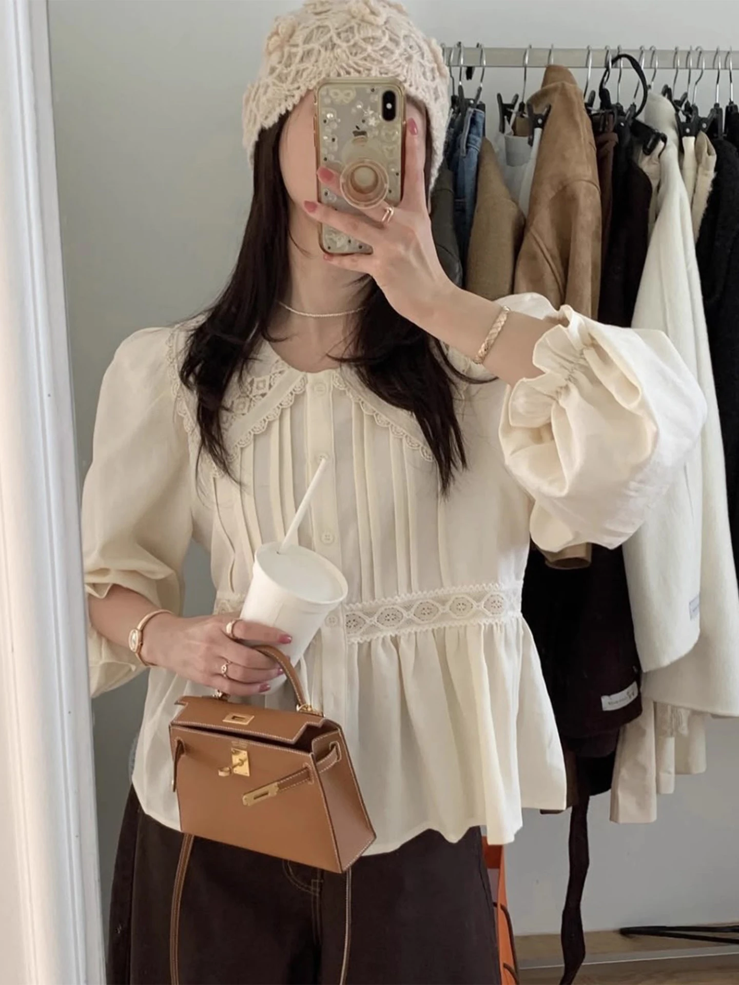 

Sweet Youthful Ruffle Trimmed Bubble Sve Blouse Women's Spring New Sle Pleated Doll irt Korean Sle Loose Fit Long Sl...