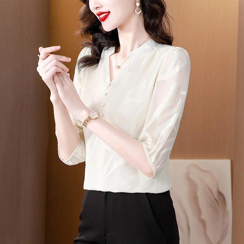 Women Clothing Elegant Fashion Hollow Out Chiffon Blouse Summer Casual V-Neck Solid Short Sleeve Shirts Office Lady Loose Tops