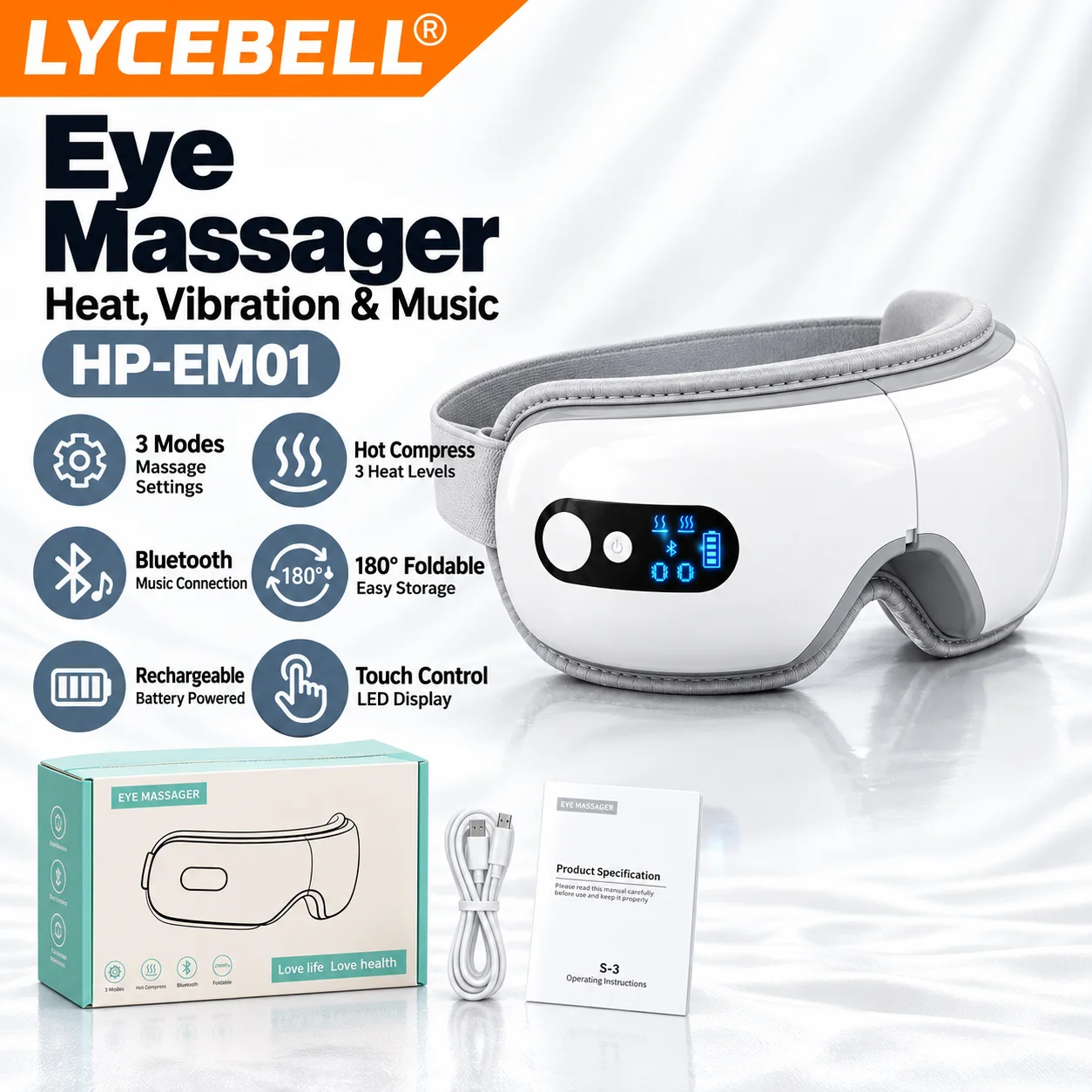 Smart Eye Massager Bluetooth Heated Compress Vibration 3 Modes 15-Min Timer 1200mAh Foldable for Travel Office Home